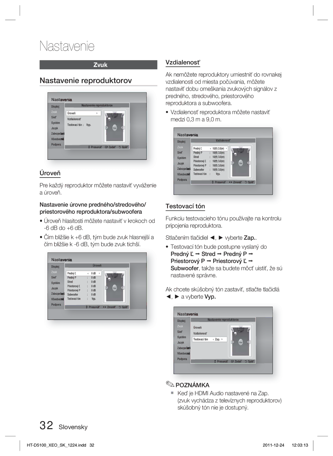 Samsung HT-D5100/EN, HT-D5100/XE manual Nastavenie reproduktorov, Zvuk, Úroveň, Slovensky Vzdialenosť, Testovací tón 