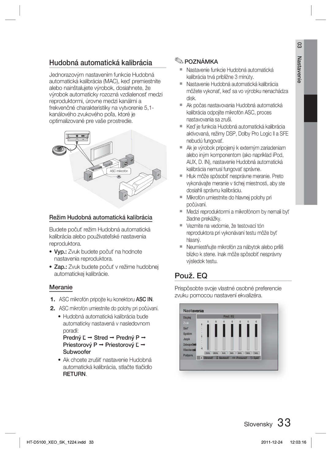 Samsung HT-D5100/XE, HT-D5100/EN manual Použ. EQ, Režim Hudobná automatická kalibrácia, Meranie, Return Poznámka 