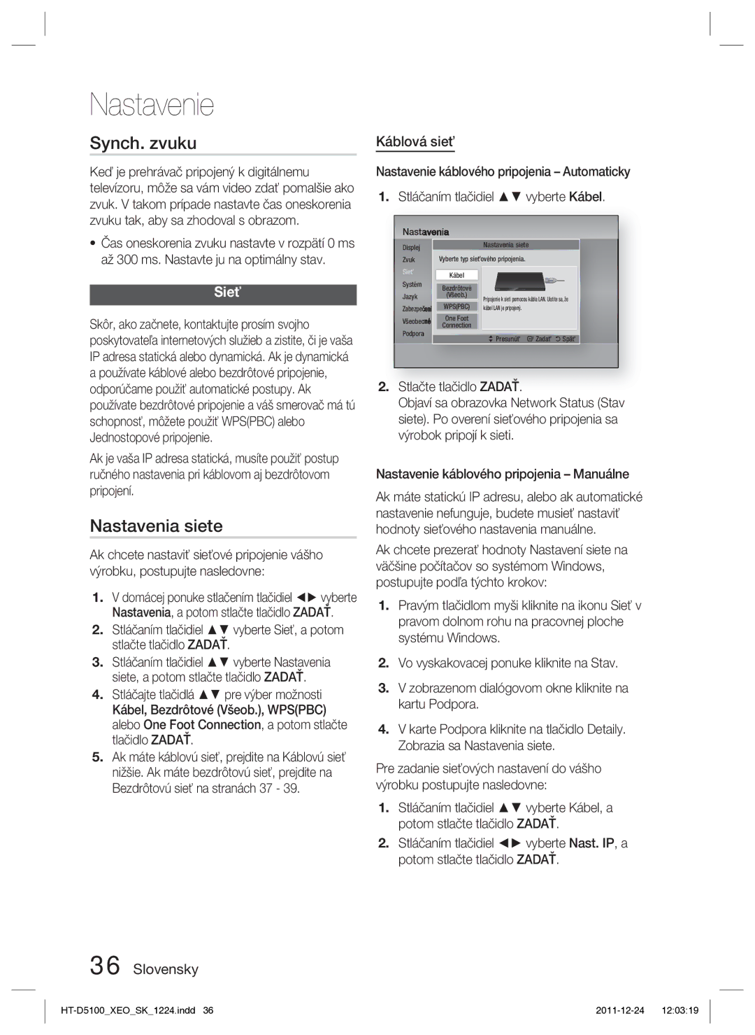 Samsung HT-D5100/EN, HT-D5100/XE manual Synch. zvuku, Nastavenia siete, Sieť, Káblová sieť 