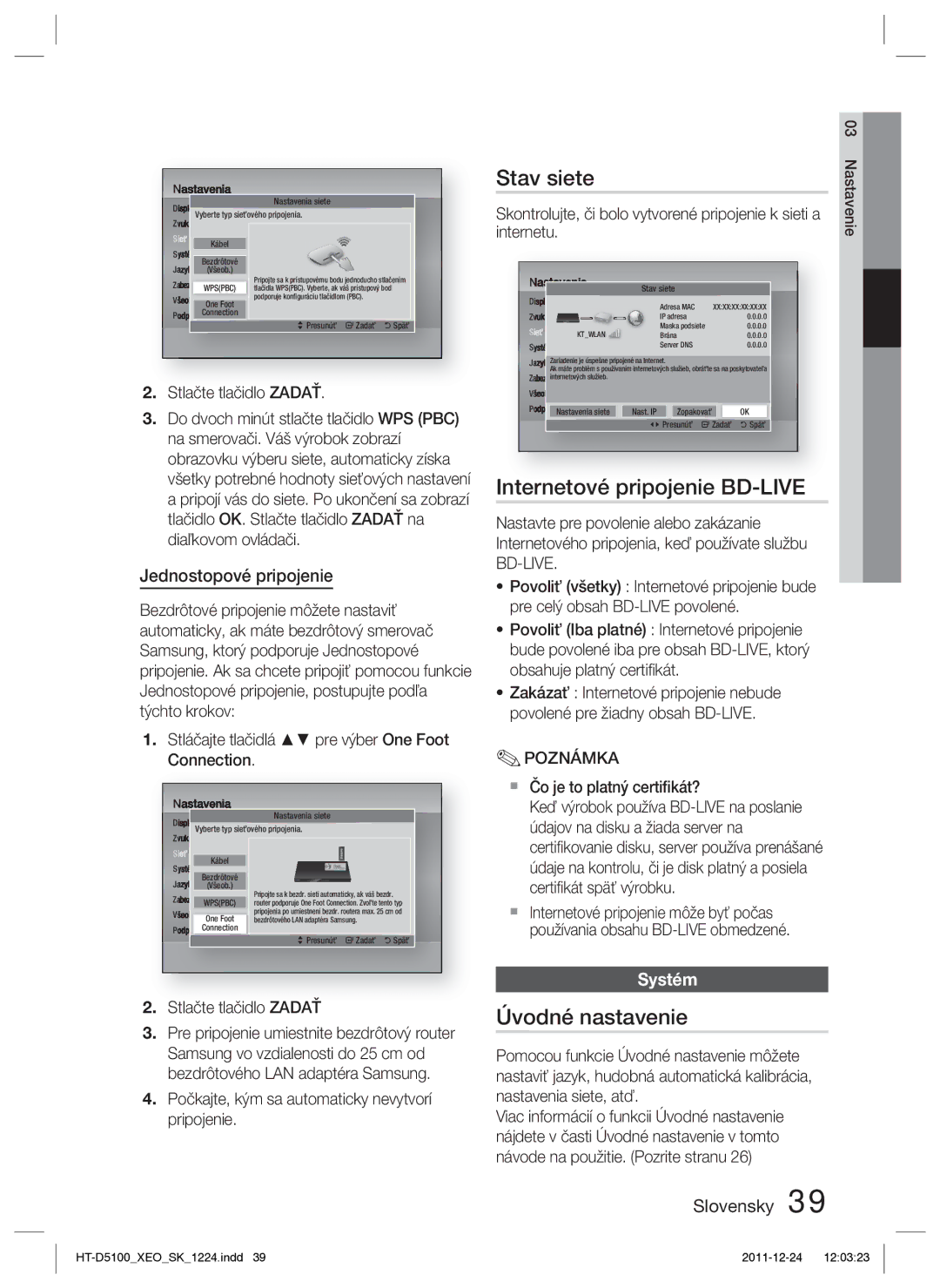 Samsung HT-D5100/XE manual Stav siete, Internetové pripojenie BD-LIVE, Úvodné nastavenie, Jednostopové pripojenie, Systém 