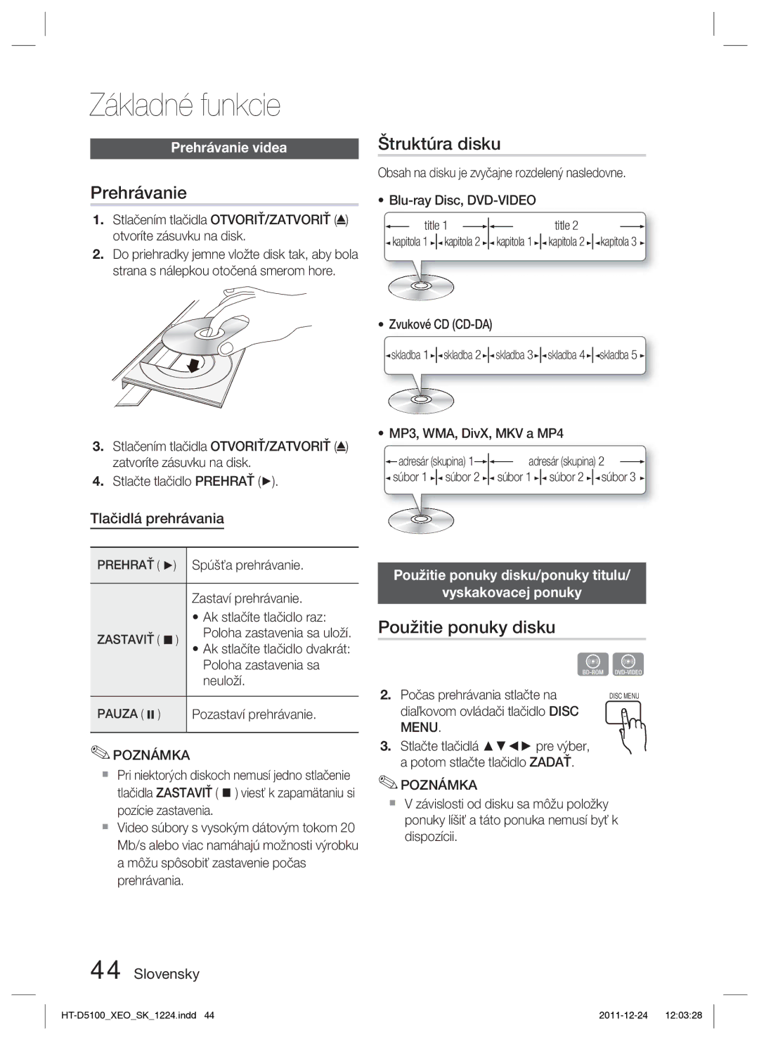 Samsung HT-D5100/EN, HT-D5100/XE manual Základné funkcie, Prehrávanie, Štruktúra disku, Použitie ponuky disku 