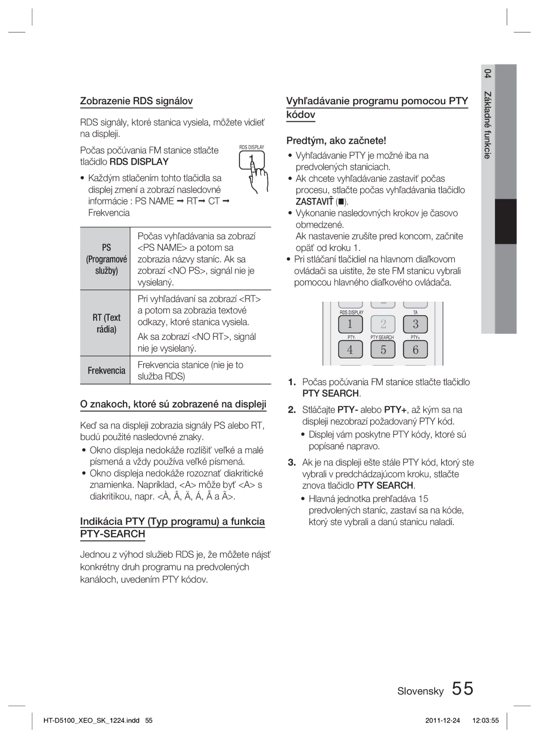 Samsung HT-D5100/XE Zobrazenie RDS signálov, Znakoch, ktoré sú zobrazené na displeji, Indikácia PTY Typ programu a funkcia 