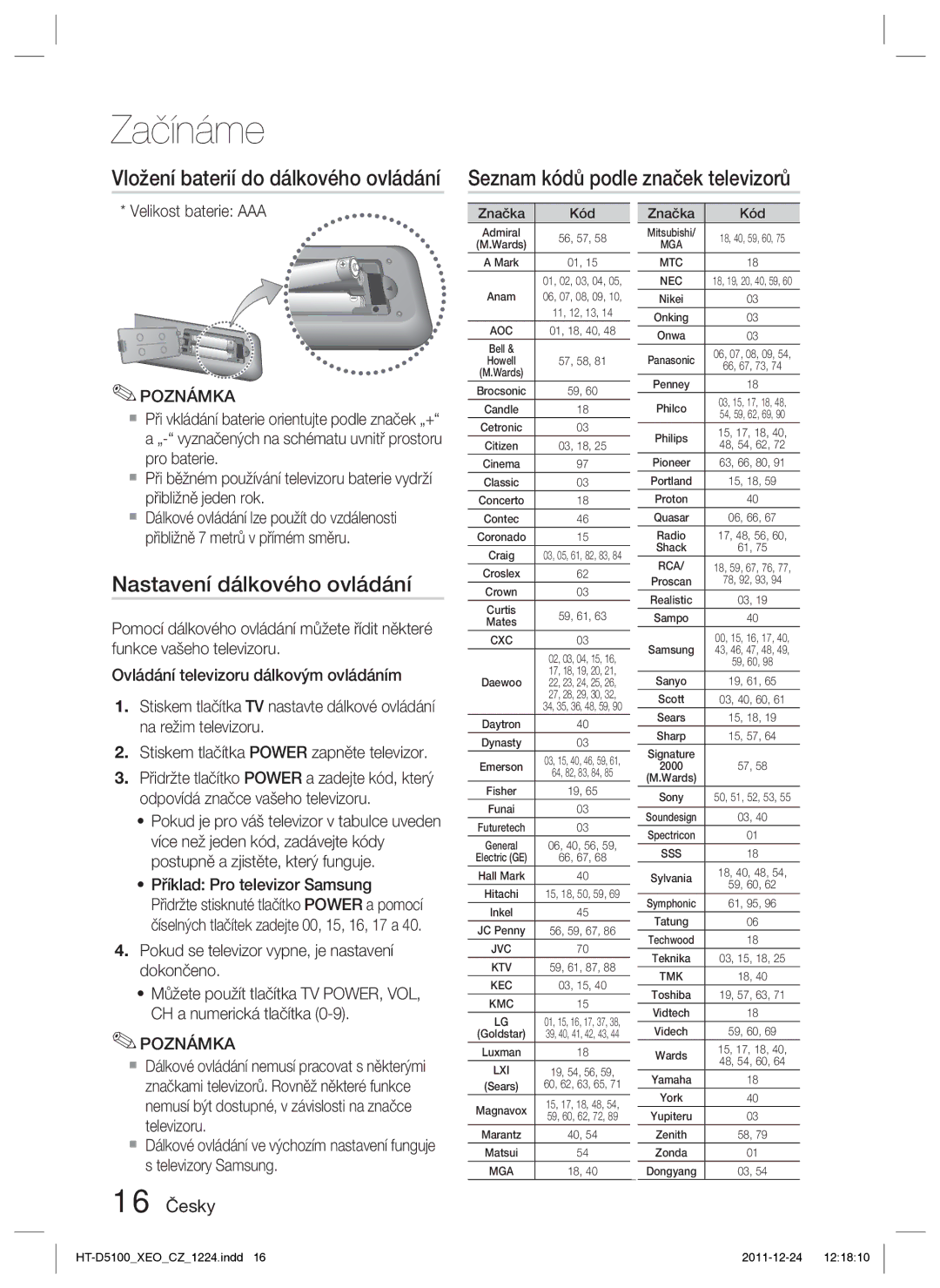 Samsung HT-D5100/XE, HT-D5100/EN manual Nastavení dálkového ovládání, 16 Česky, Velikost baterie AAA, Značka Kód 