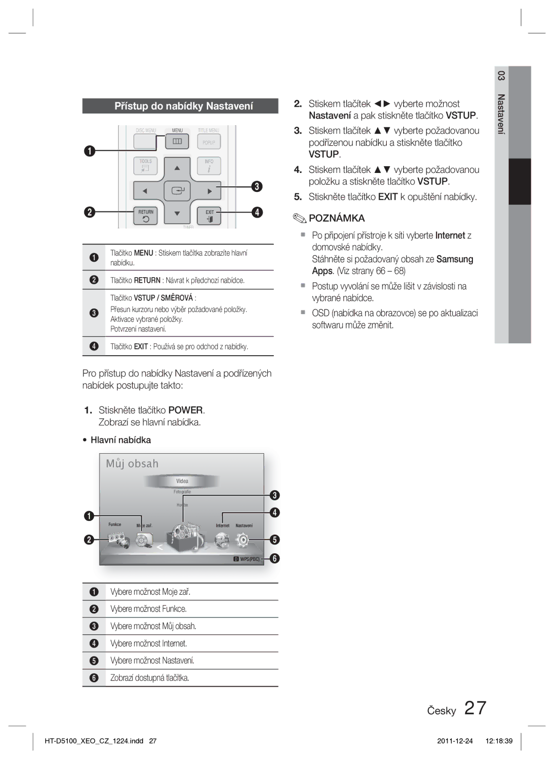 Samsung HT-D5100/EN, HT-D5100/XE manual Přístup do nabídky Nastavení, Vstup 