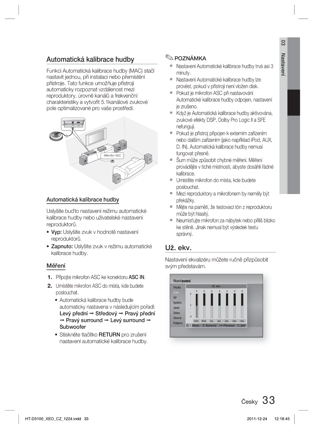 Samsung HT-D5100/EN, HT-D5100/XE manual Automatická kalibrace hudby, Už. ekv, Měření 