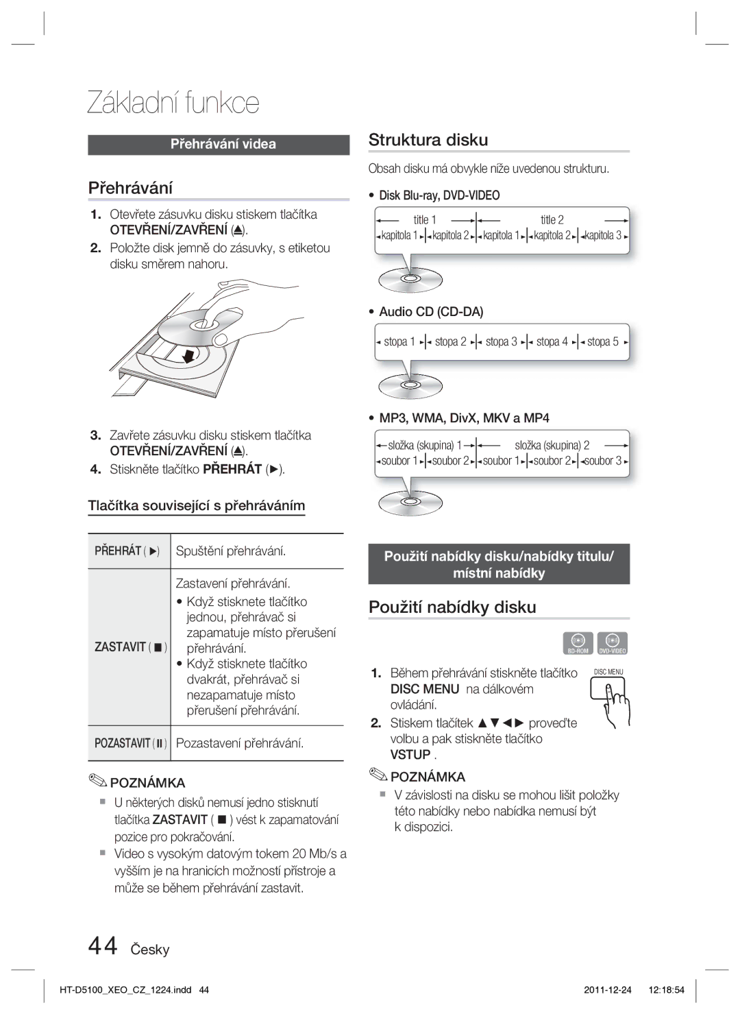 Samsung HT-D5100/XE, HT-D5100/EN manual Základní funkce, Přehrávání, Struktura disku, Použití nabídky disku 