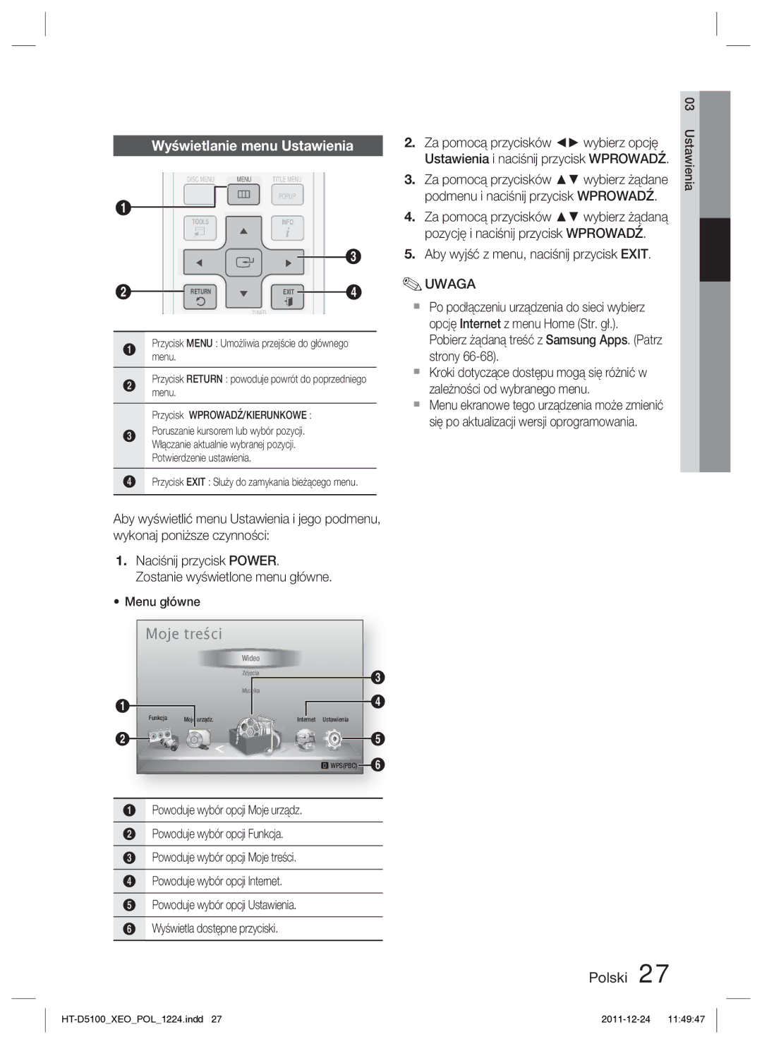 Samsung HT-D5100/XE, HT-D5100/EN manual Wyświetlanie menu Ustawienia, Pobierz żądaną treść z Samsung Apps. Patrz strony 