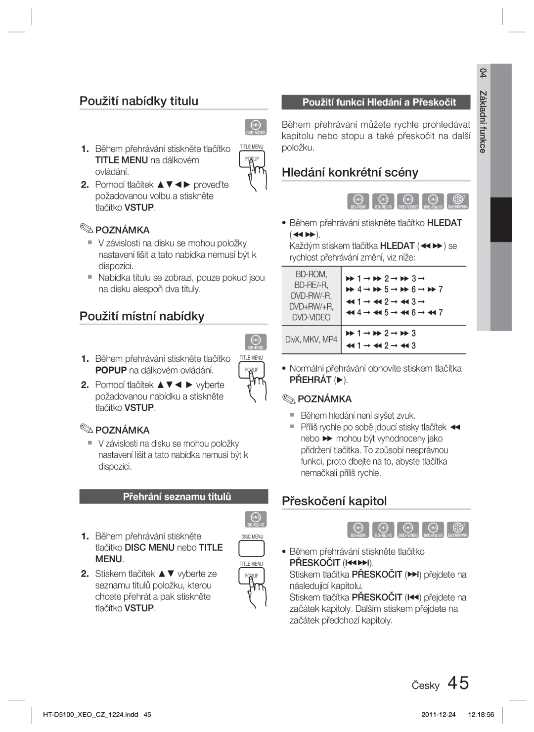 Samsung HT-D5100/EN manual Použití nabídky titulu, Hledání konkrétní scény, Použití místní nabídky, Přeskočení kapitol 