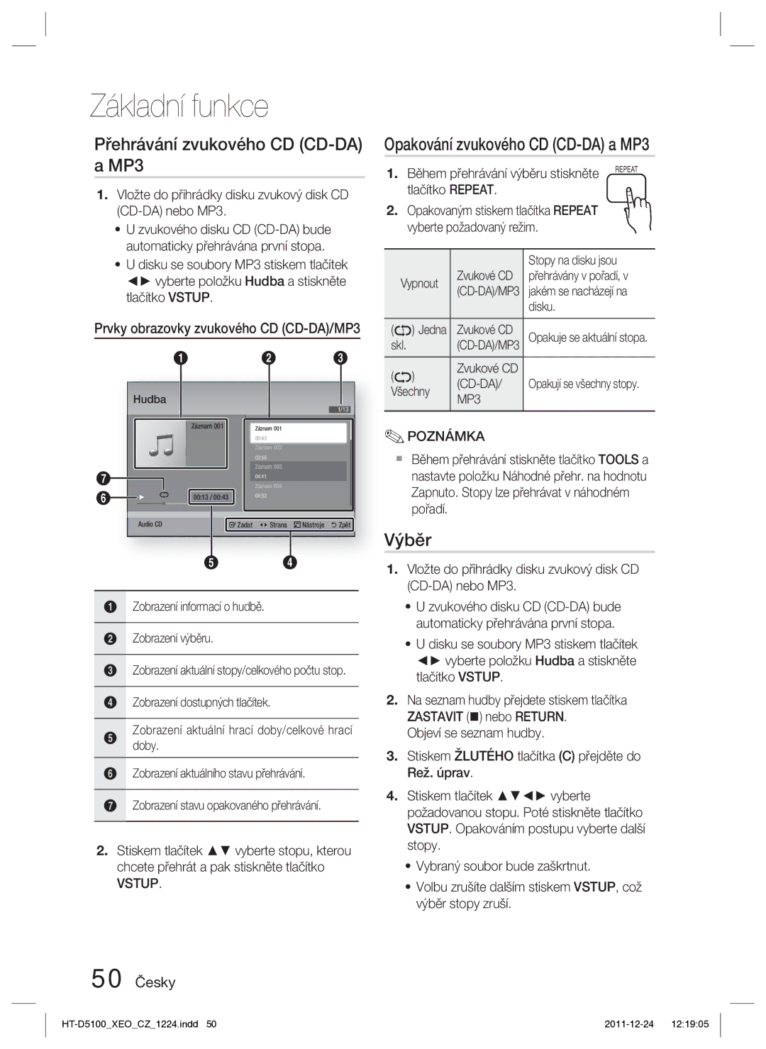 Samsung HT-D5100/XE, HT-D5100/EN Přehrávání zvukového CD CD-DA MP3, Opakování zvukového CD CD-DA a MP3, Výběr, 50 Česky 