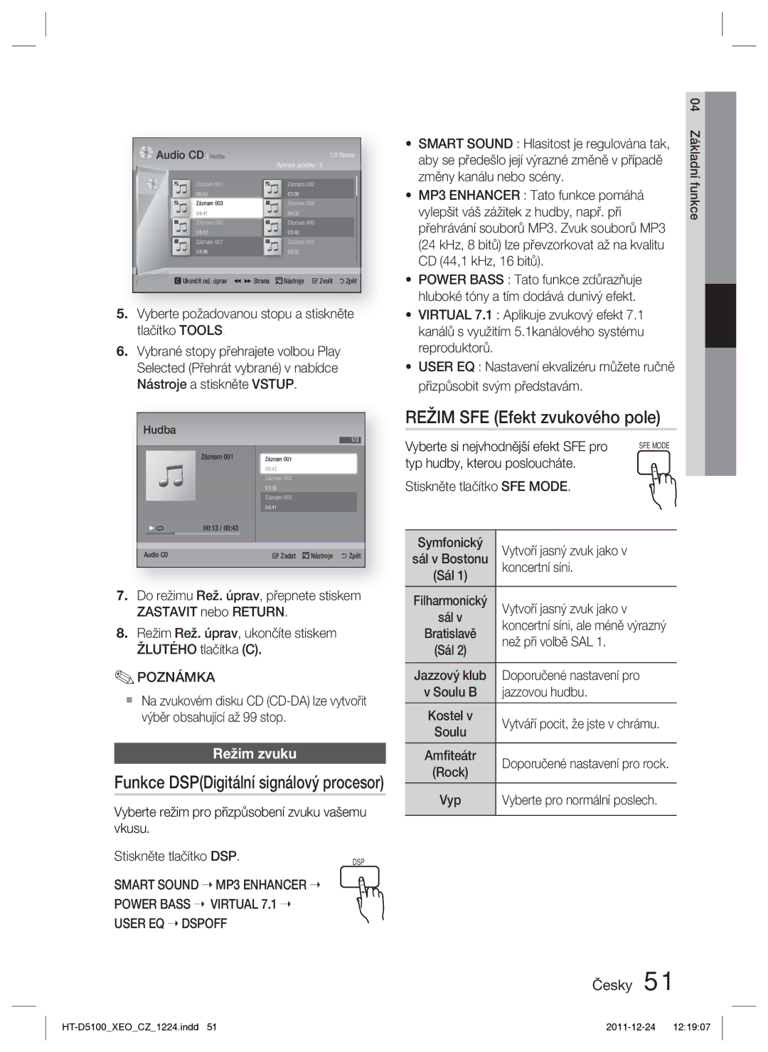 Samsung HT-D5100/EN, HT-D5100/XE manual Režim SFE Efekt zvukového pole, Funkce DSPDigitální signálový procesor 