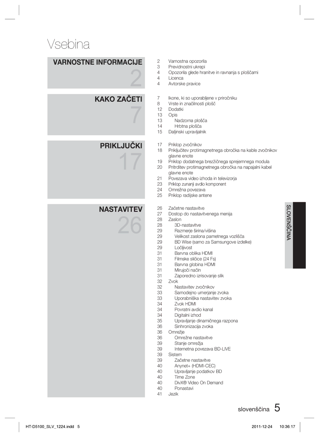 Samsung HT-D5100/XE, HT-D5100/EN manual Vsebina 