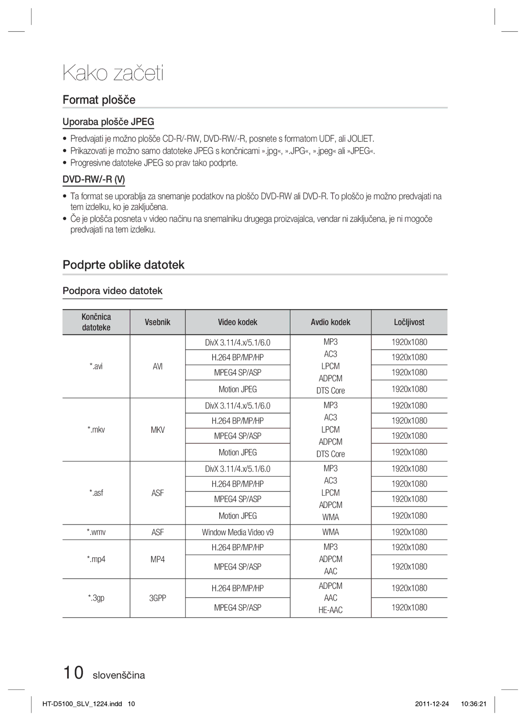 Samsung HT-D5100/EN, HT-D5100/XE manual Format plošče, Podprte oblike datotek, Uporaba plošče Jpeg, Podpora video datotek 