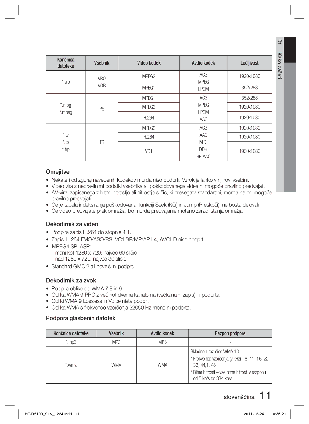 Samsung HT-D5100/XE, HT-D5100/EN manual Omejitve, Dekodirnik za video, Dekodirnik za zvok, Podpora glasbenih datotek 