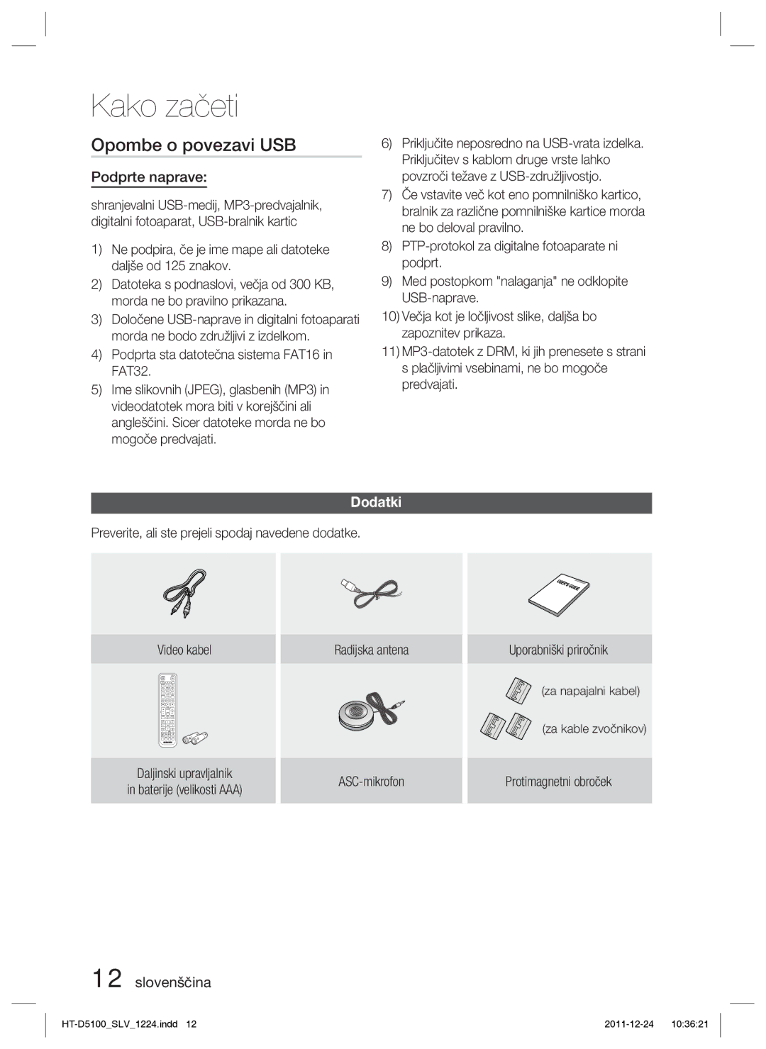 Samsung HT-D5100/EN, HT-D5100/XE manual Opombe o povezavi USB, Podprte naprave, Dodatki 