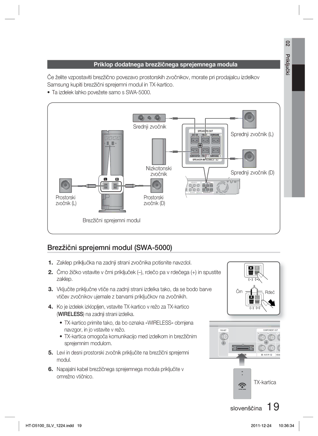 Samsung HT-D5100/XE, HT-D5100/EN manual Brezžični sprejemni modul SWA-5000, Priklop dodatnega brezžičnega sprejemnega modula 