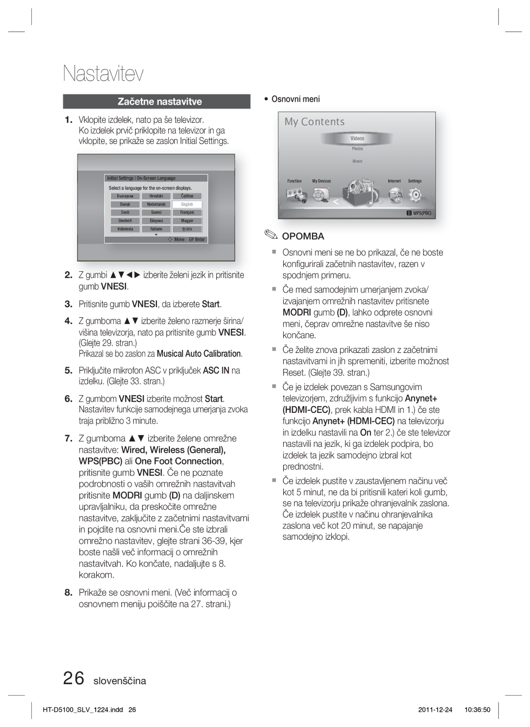 Samsung HT-D5100/EN, HT-D5100/XE manual Nastavitev, My Contents 