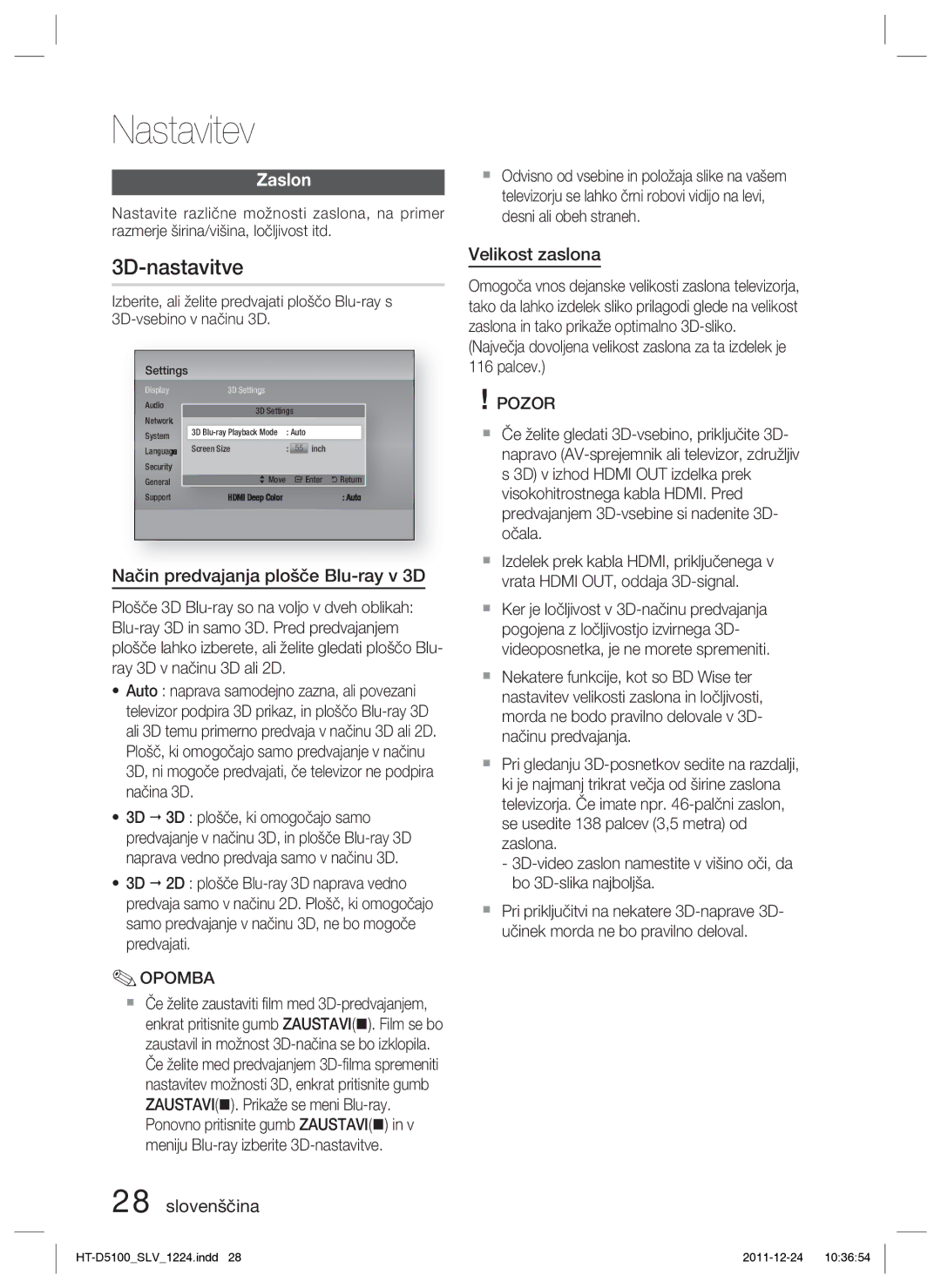 Samsung HT-D5100/EN, HT-D5100/XE manual 3D-nastavitve, Zaslon, Način predvajanja plošče Blu-ray v 3D, Velikost zaslona 