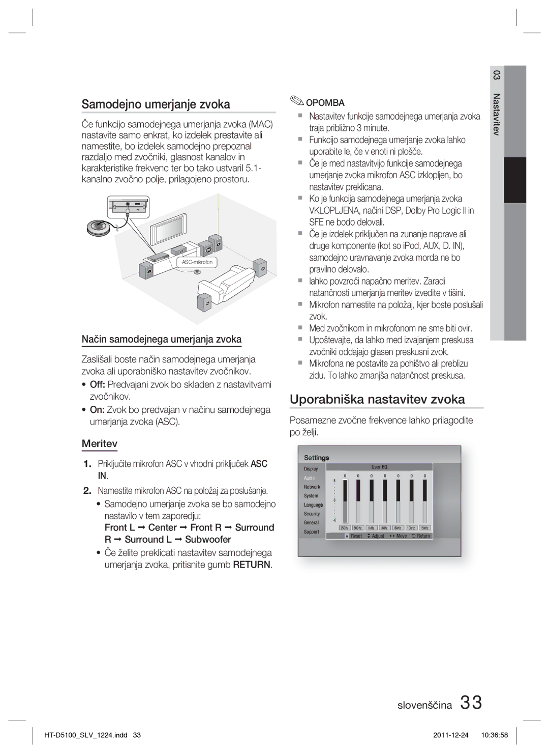 Samsung HT-D5100/XE Samodejno umerjanje zvoka, Uporabniška nastavitev zvoka, Način samodejnega umerjanja zvoka, Meritev 