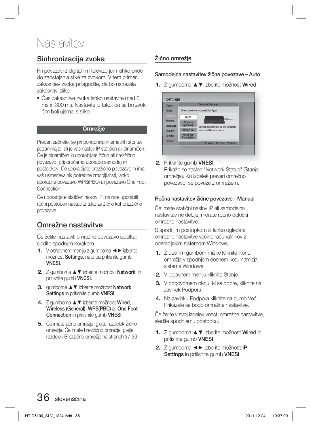 Samsung HT-D5100/EN, HT-D5100/XE manual Sinhronizacija zvoka, Omrežne nastavitve, Omrežje, Žično omrežje, Vnesi 