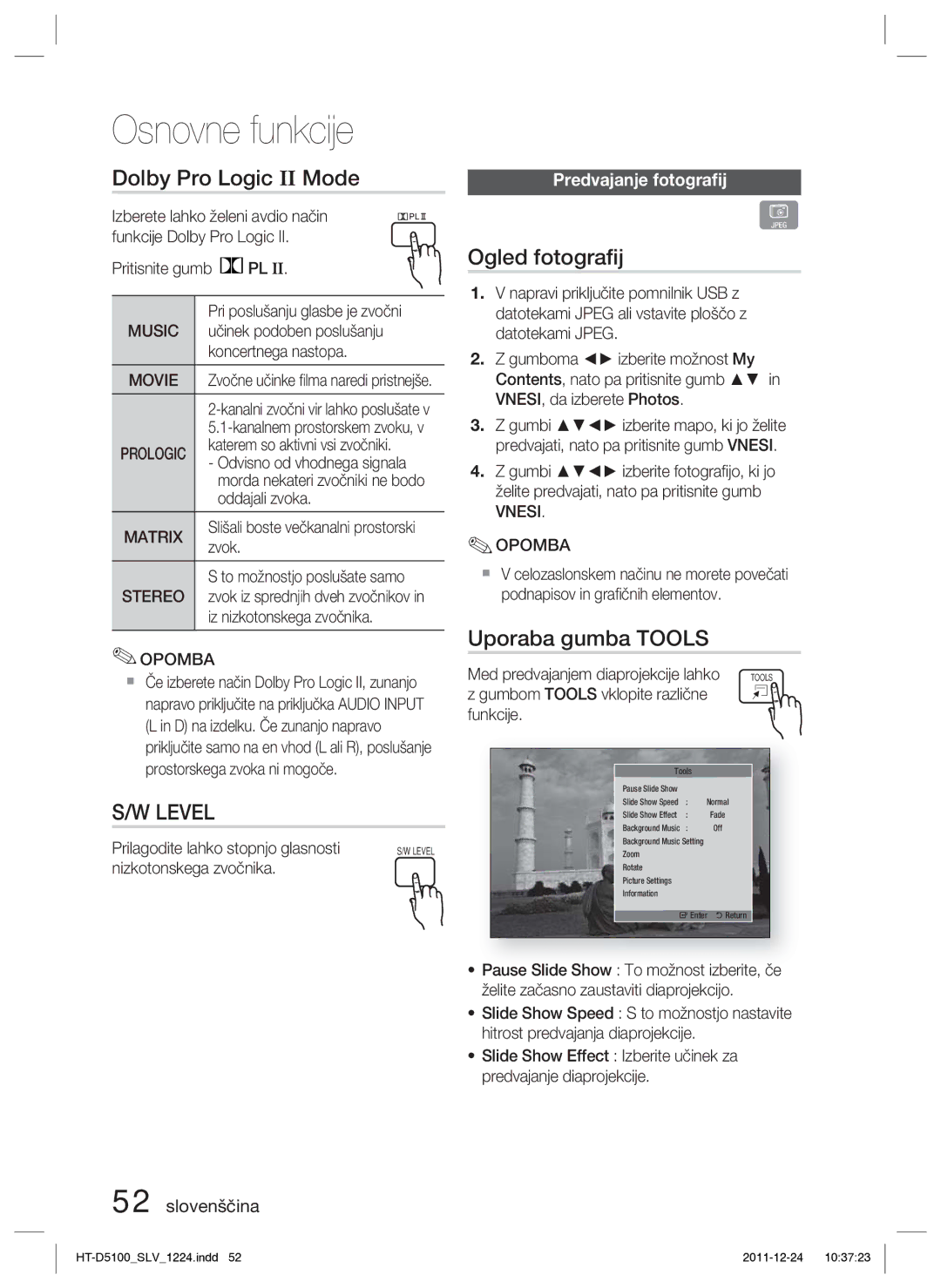 Samsung HT-D5100/EN, HT-D5100/XE manual Dolby Pro Logic II Mode, Ogled fotograﬁj, Uporaba gumba Tools, Predvajanje fotograﬁj 