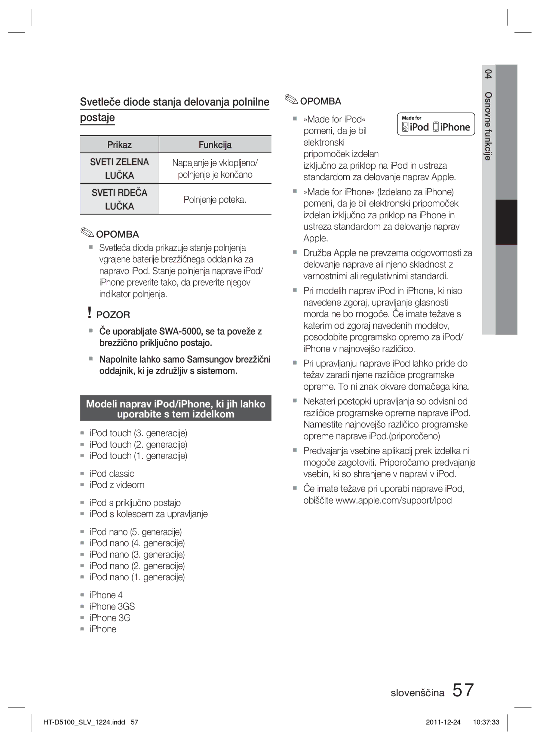 Samsung HT-D5100/XE manual Svetleče diode stanja delovanja polnilne postaje, Prikaz Funkcija, Napajanje je vklopljeno 