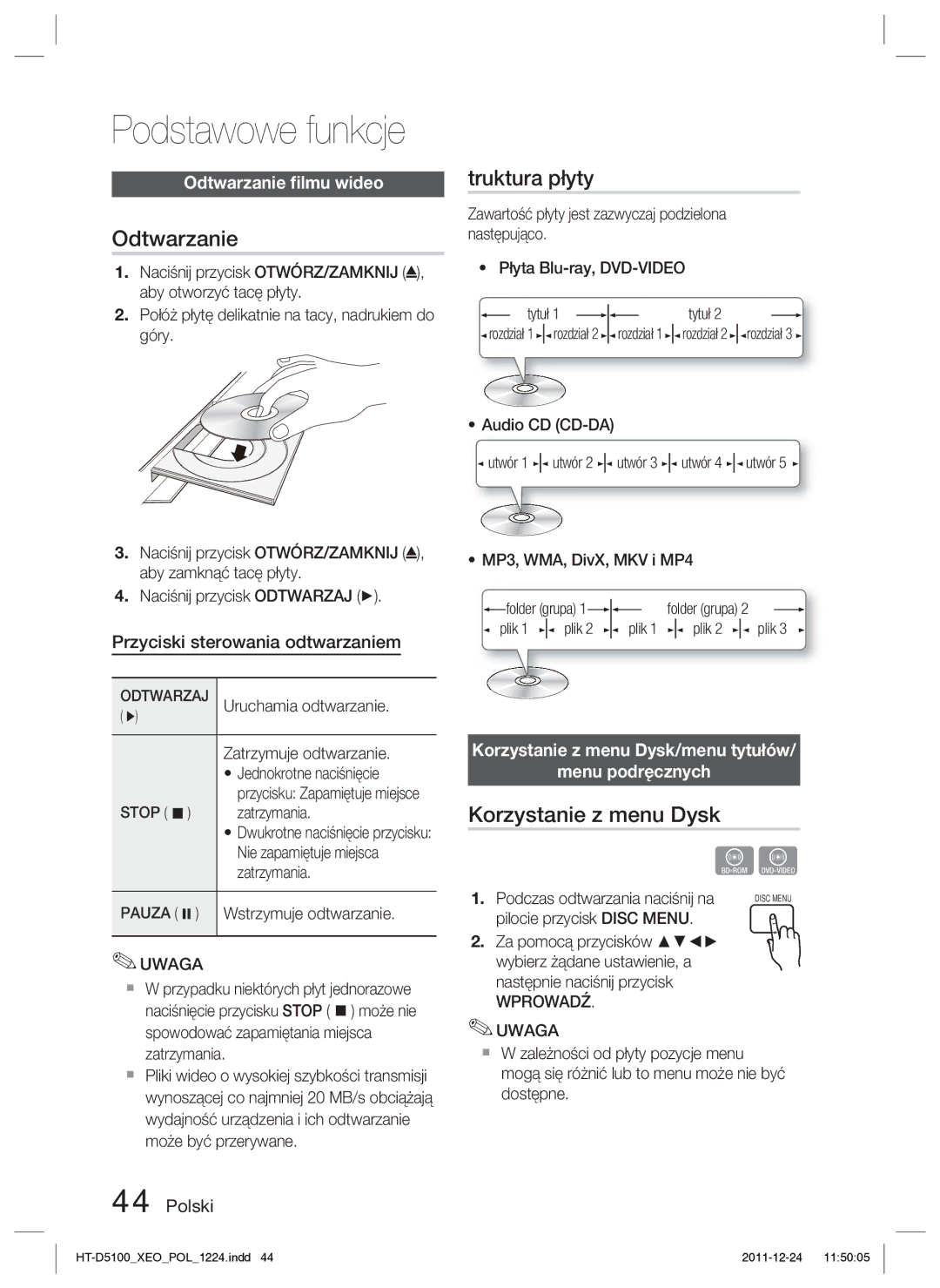 Samsung HT-D5100/EN, HT-D5100/XE manual Truktura płyty, Korzystanie z menu Dysk, Odtwarzanie ﬁlmu wideo 