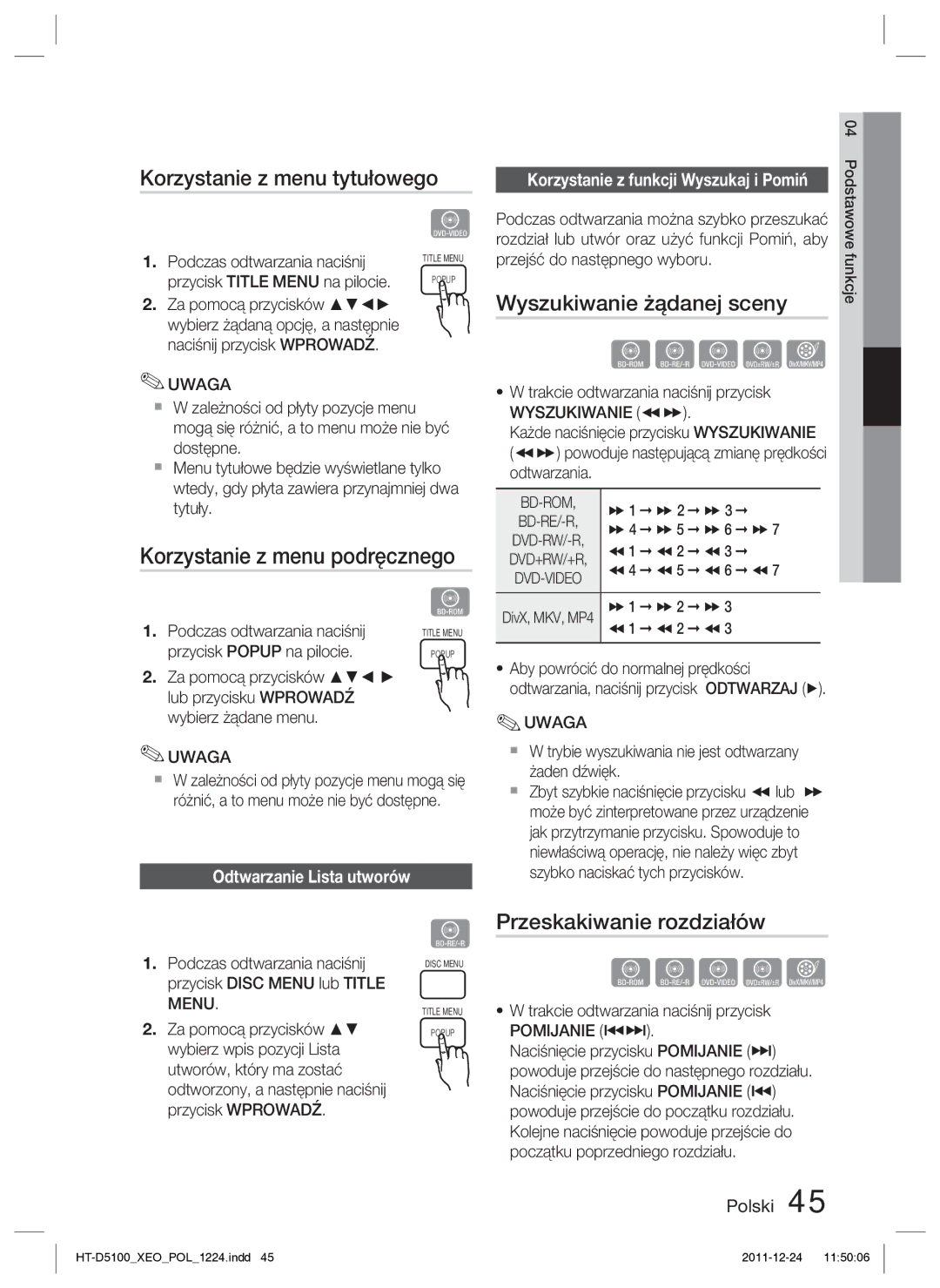 Samsung HT-D5100/XE, HT-D5100/EN Korzystanie z menu tytułowego, Korzystanie z menu podręcznego, Wyszukiwanie żądanej sceny 