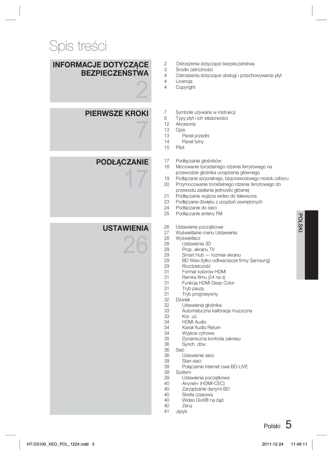 Samsung HT-D5100/XE, HT-D5100/EN manual Spis treści 