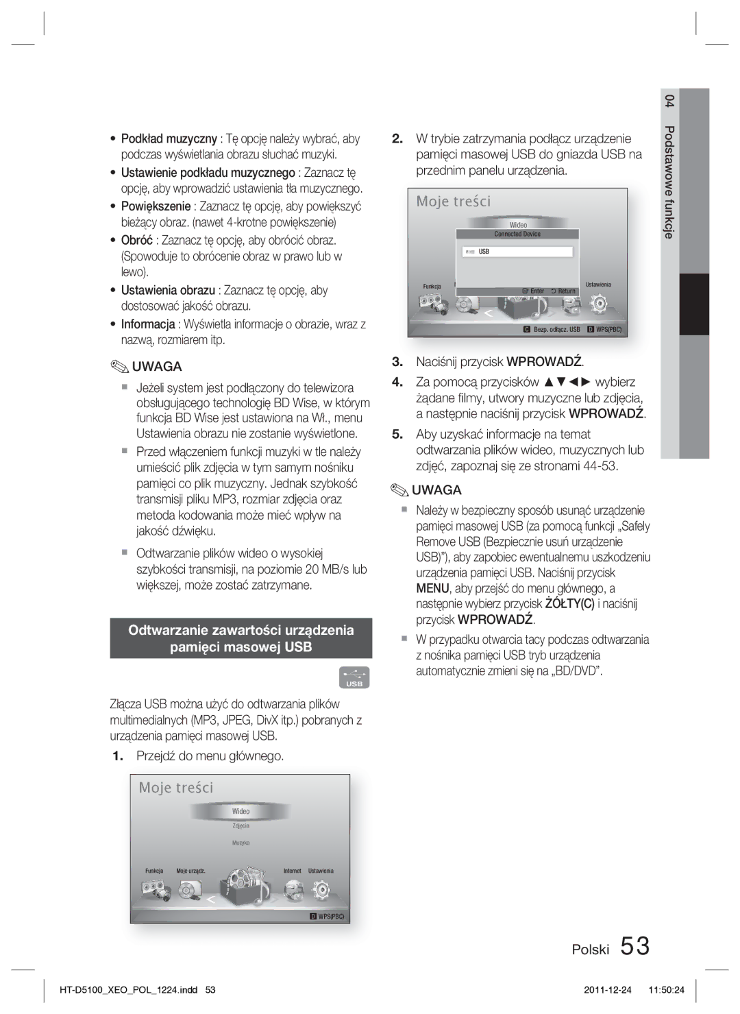 Samsung HT-D5100/XE, HT-D5100/EN manual Odtwarzanie zawartości urządzenia Pamięci masowej USB, Przejdź do menu głównego 