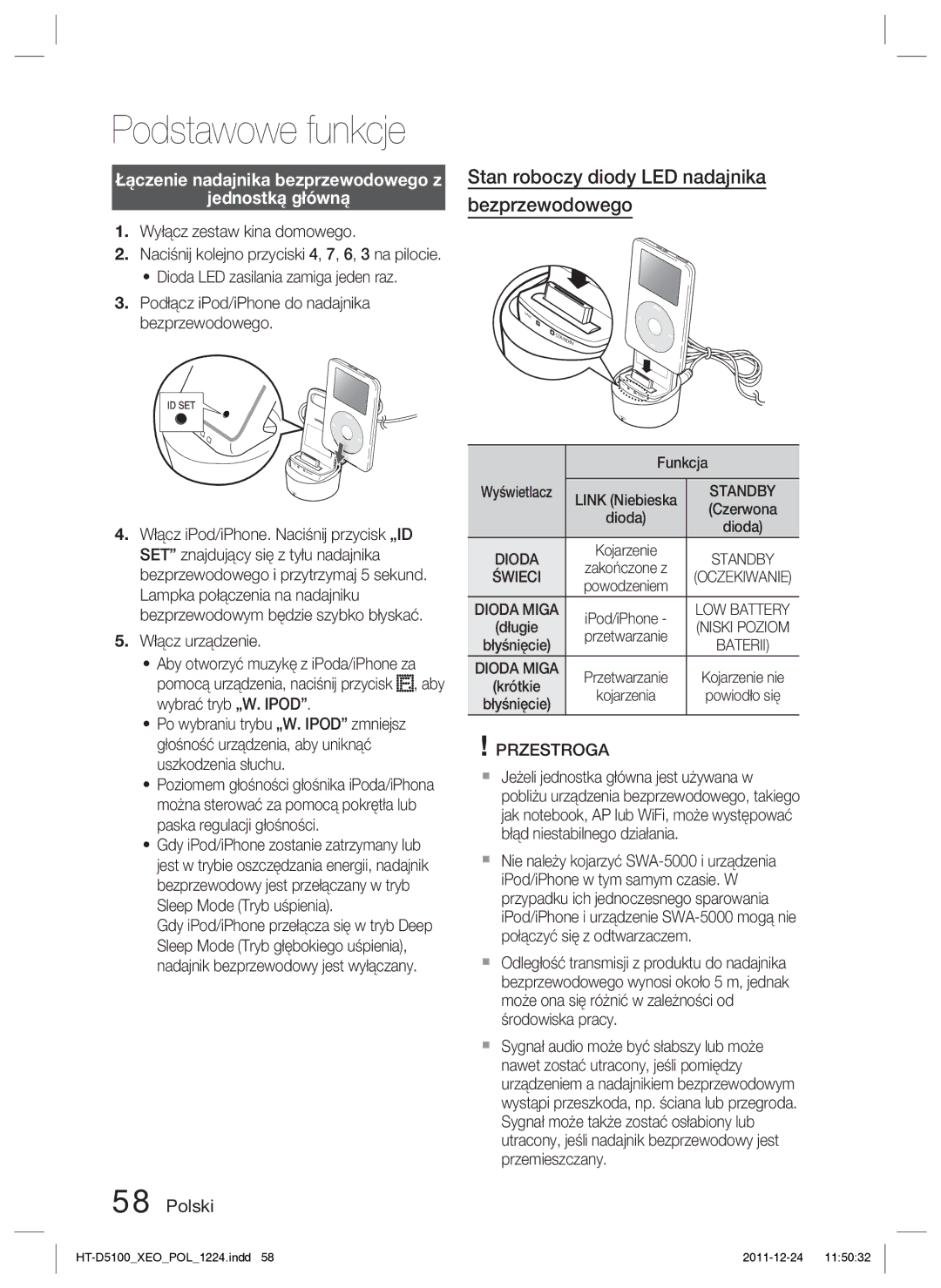 Samsung HT-D5100/EN, HT-D5100/XE manual Stan roboczy diody LED nadajnika bezprzewodowego, Krótkie 