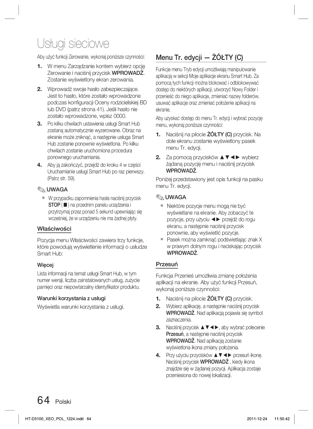 Samsung HT-D5100/EN, HT-D5100/XE manual Menu Tr. edycji Żółty C, Właściwości, Przesuń 