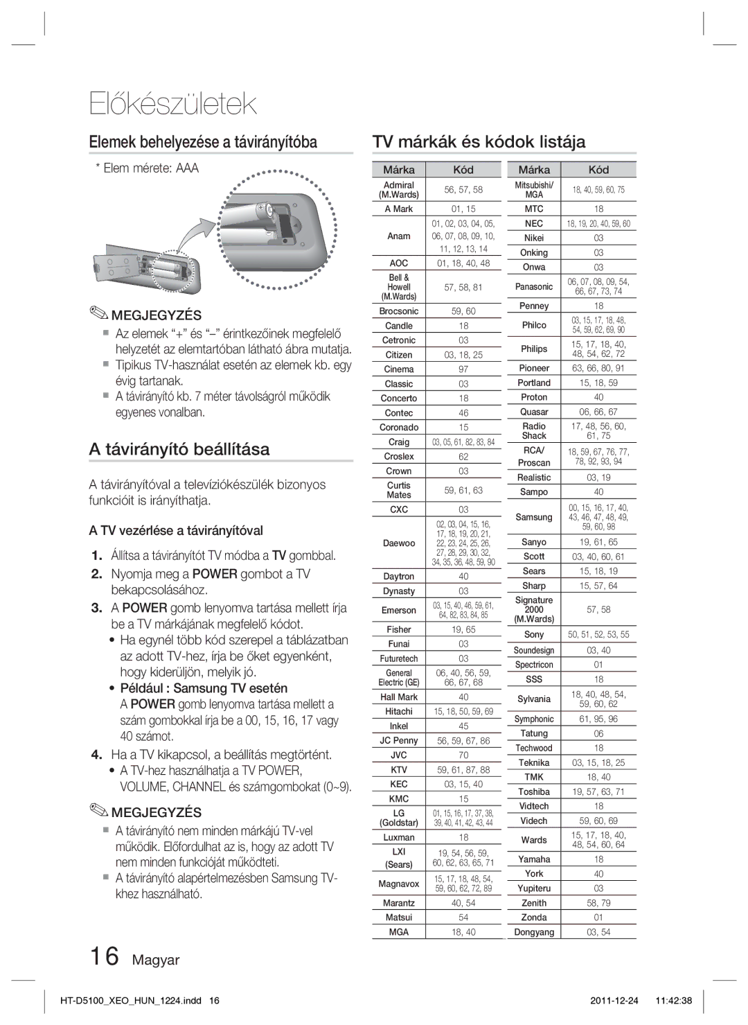 Samsung HT-D5100/XE, HT-D5100/EN manual Távirányító beállítása, Elem mérete AAA, Márka Kód 