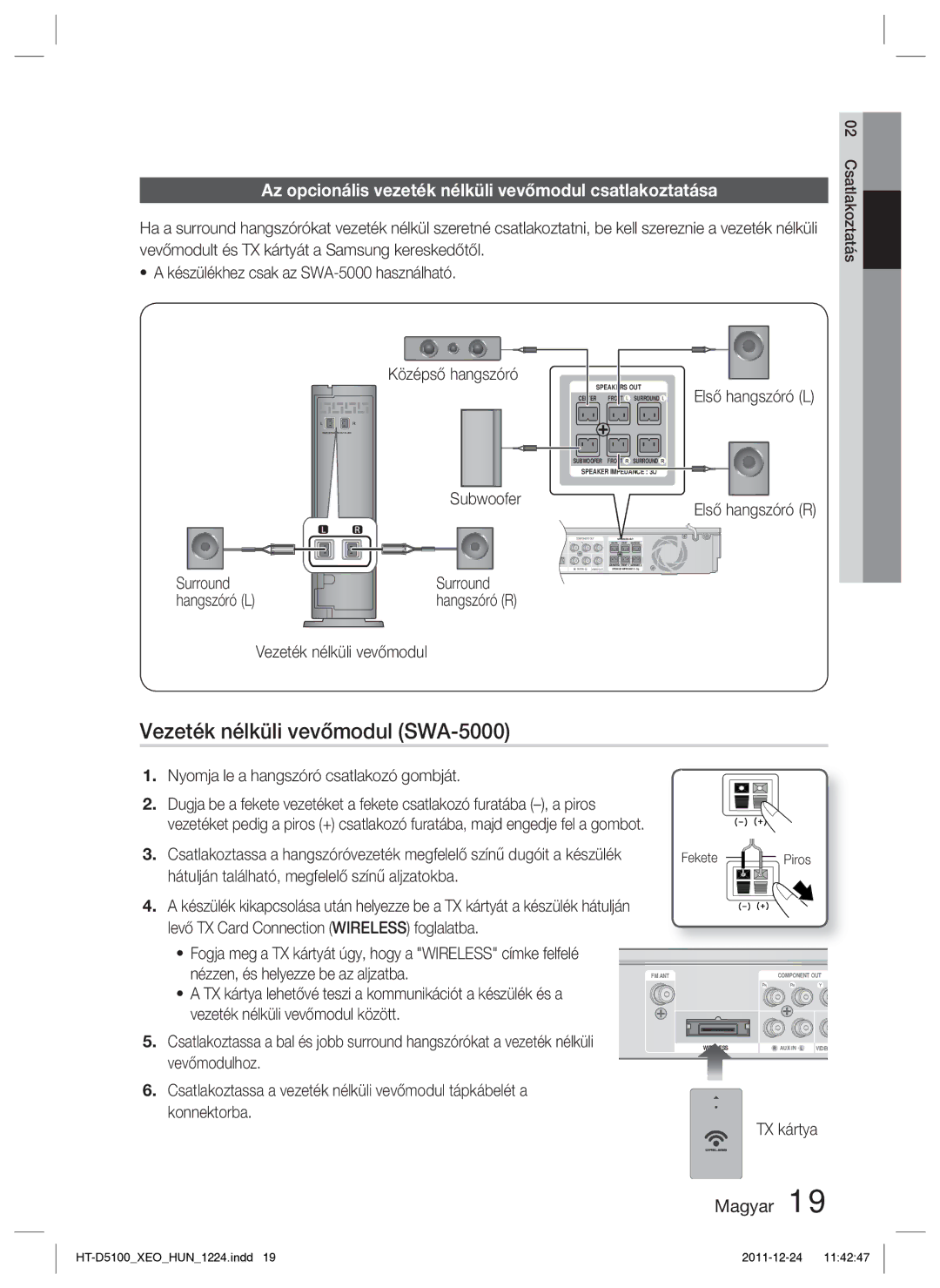 Samsung HT-D5100/EN manual Vezeték nélküli vevőmodul SWA-5000, Az opcionális vezeték nélküli vevőmodul csatlakoztatása 