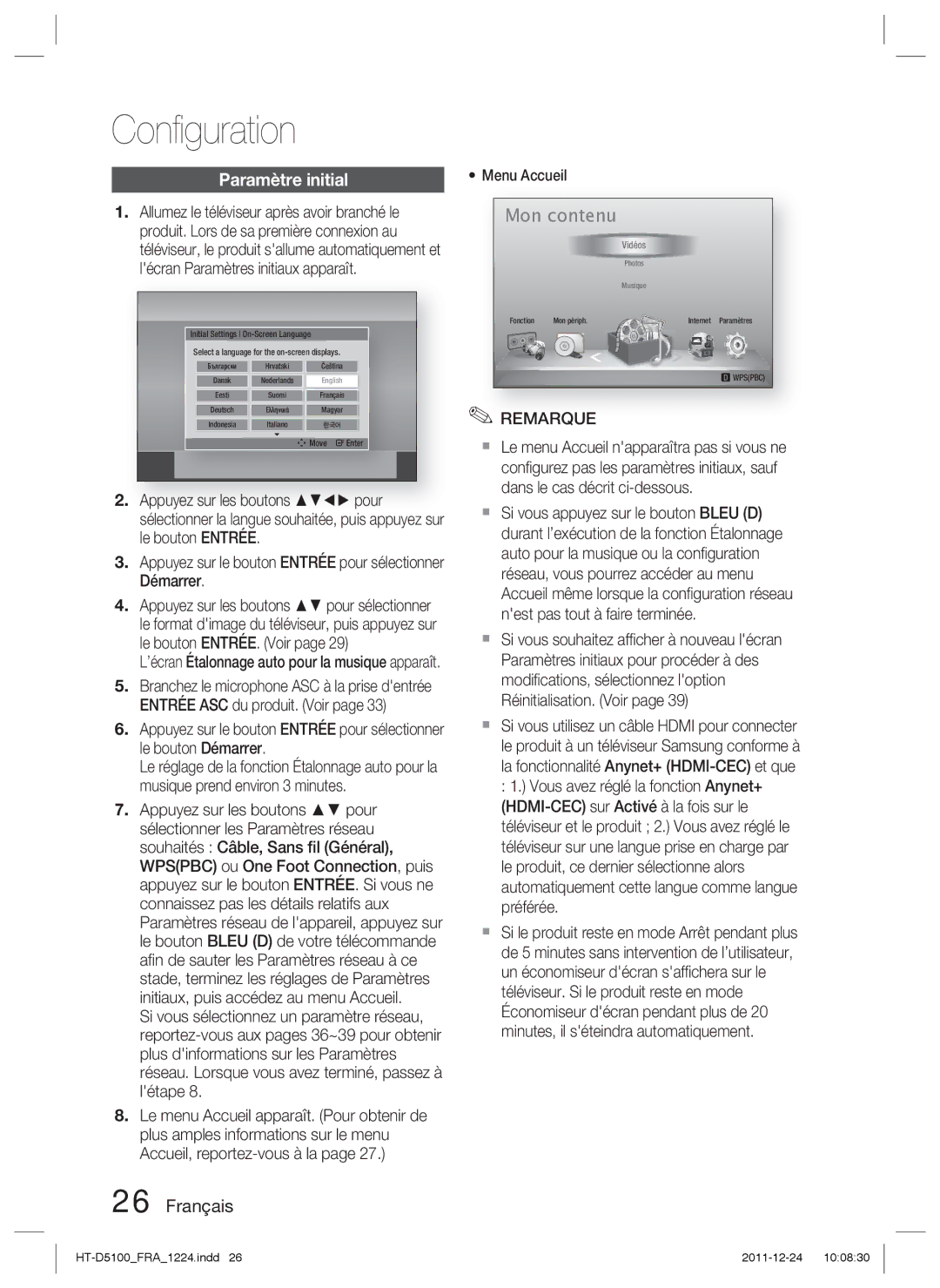 Samsung HT-D5100/XN, HT-D5100/EN, HT-D5100/ZF, HT-D5100/XE manual Conﬁguration, Paramètre initial, Menu Accueil 