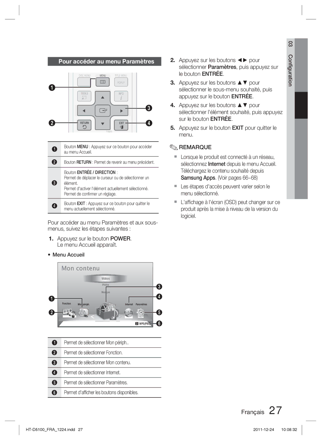 Samsung HT-D5100/ZF, HT-D5100/EN, HT-D5100/XN, HT-D5100/XE manual Pour accéder au menu Paramètres 