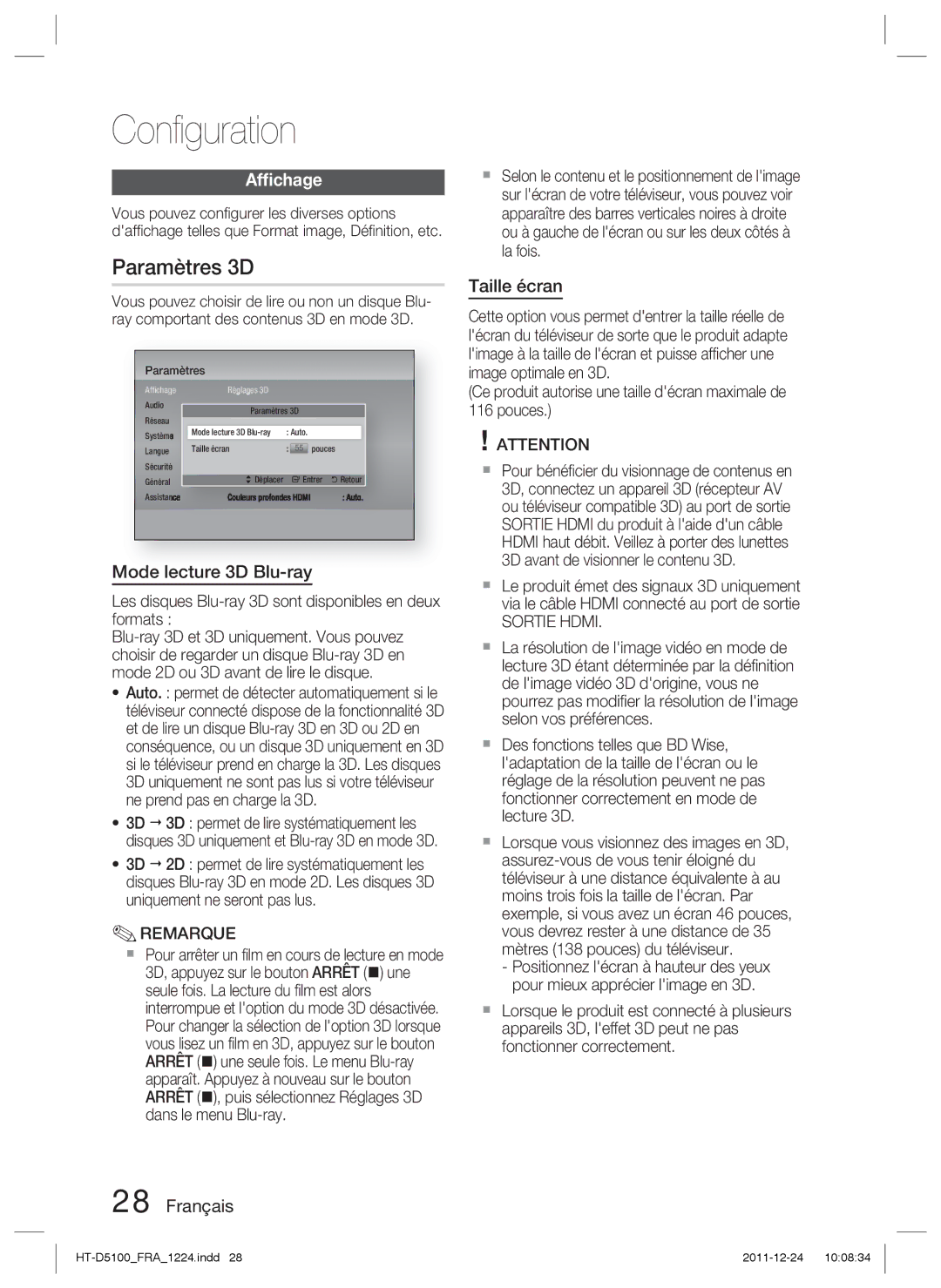 Samsung HT-D5100/XE, HT-D5100/EN, HT-D5100/XN Paramètres 3D, Afﬁchage, Mode lecture 3D Blu-ray, Taille écran, Sortie Hdmi 