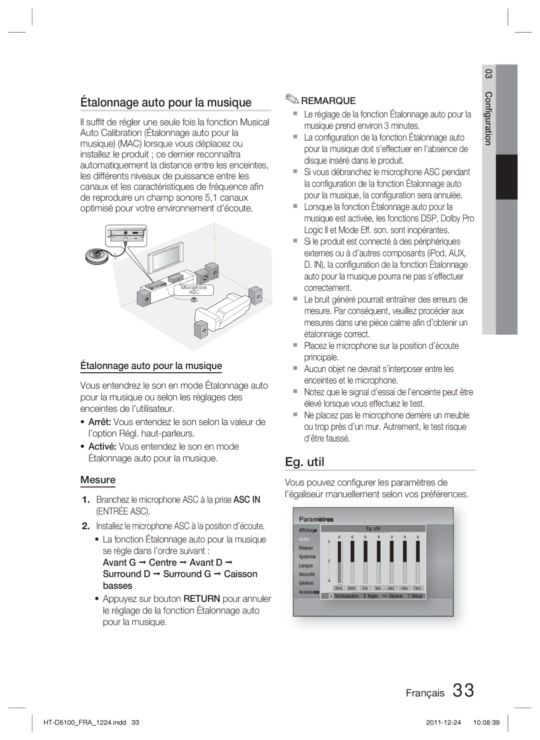 Samsung HT-D5100/EN, HT-D5100/XN, HT-D5100/ZF, HT-D5100/XE manual Étalonnage auto pour la musique, Eg. util, Mesure 