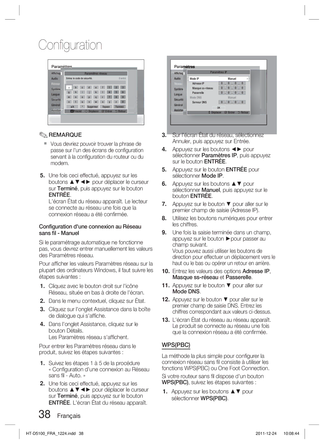 Samsung HT-D5100/XN, HT-D5100/EN, HT-D5100/ZF, HT-D5100/XE manual Remarque, Appuyez sur les boutons pour sélectionner Wpspbc 