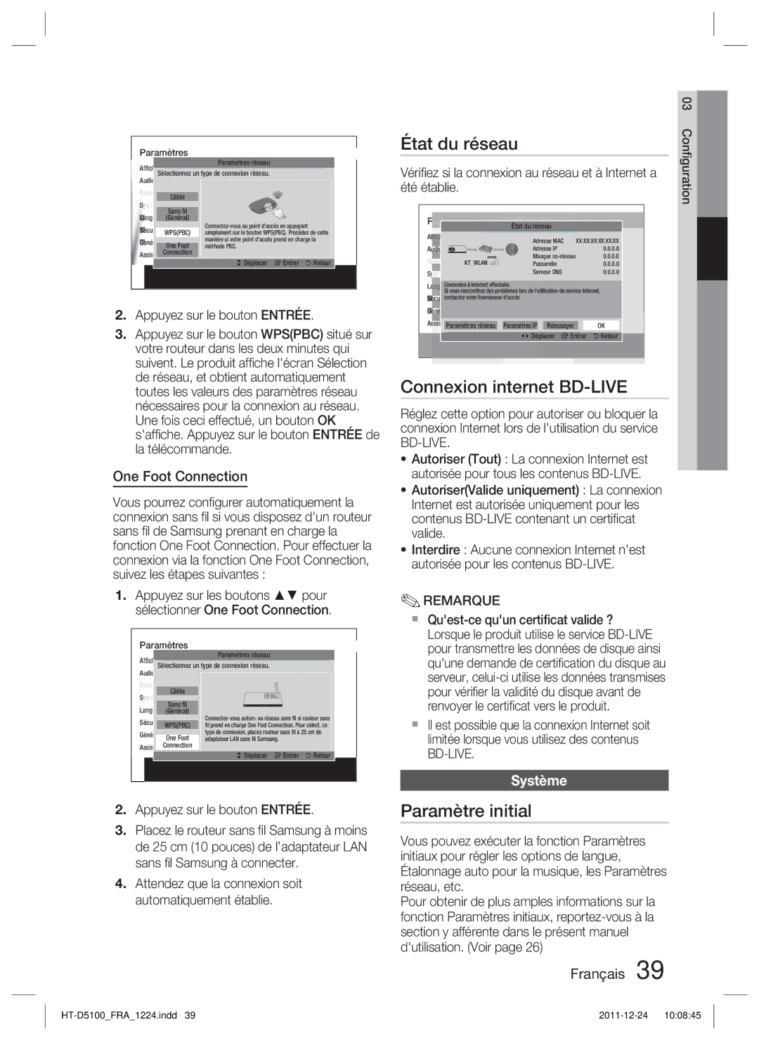 Samsung HT-D5100/ZF, HT-D5100/EN, HT-D5100/XN manual État du réseau, Connexion internet BD-LIVE, Paramètre initial, Système 