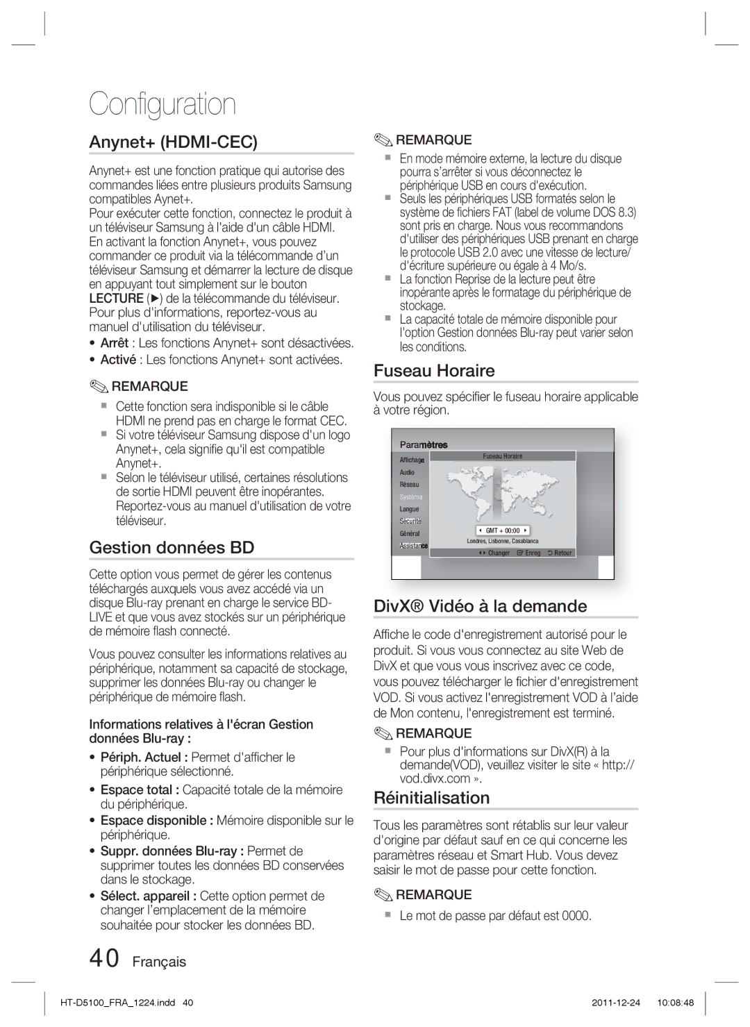 Samsung HT-D5100/XE, HT-D5100/EN, HT-D5100/XN Gestion données BD, Fuseau Horaire, DivX Vidéo à la demande, Réinitialisation 