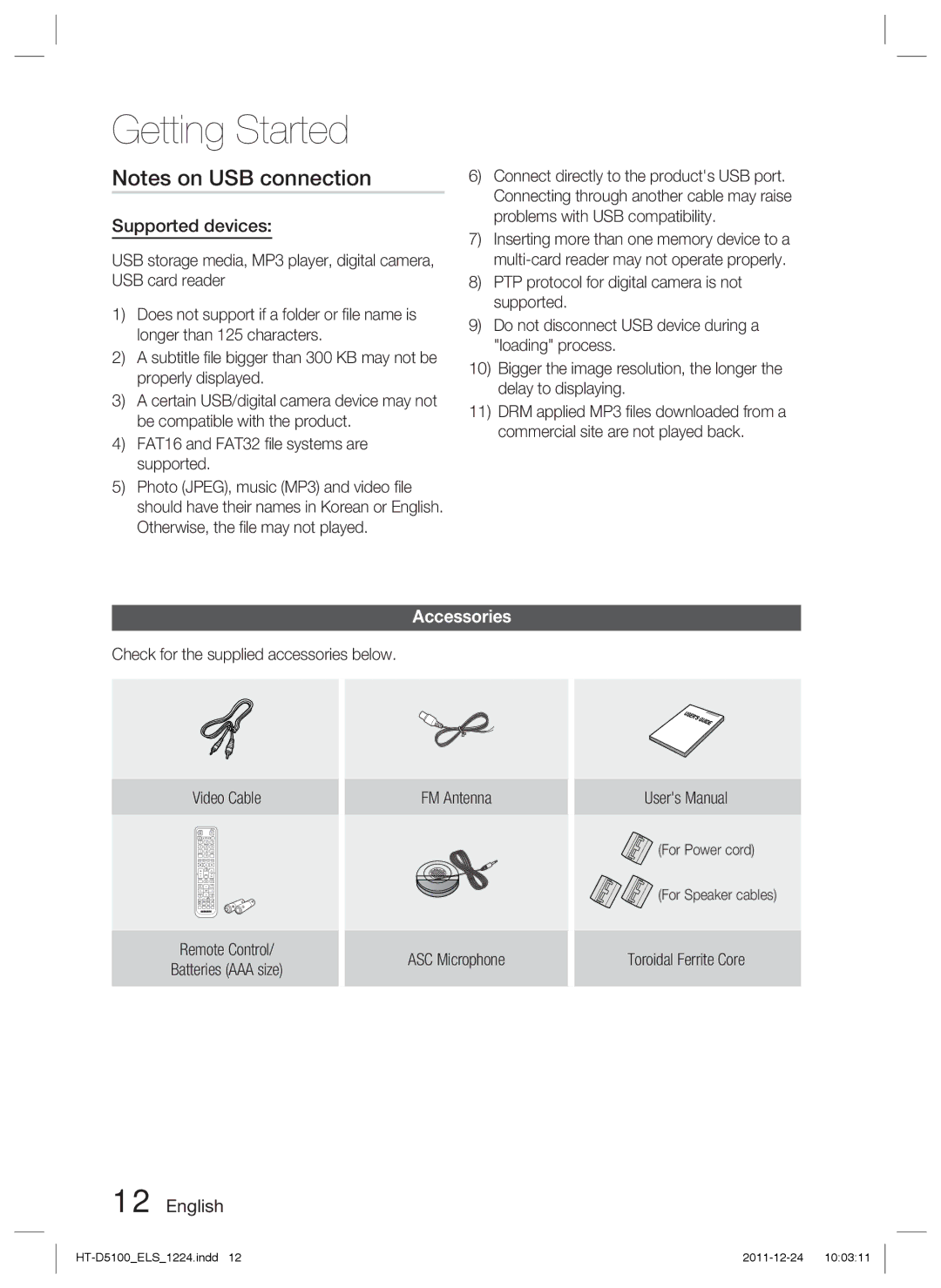 Samsung HT-D5100/EN manual Supported devices, Accessories, Check for the supplied accessories below, Toroidal Ferrite Core 