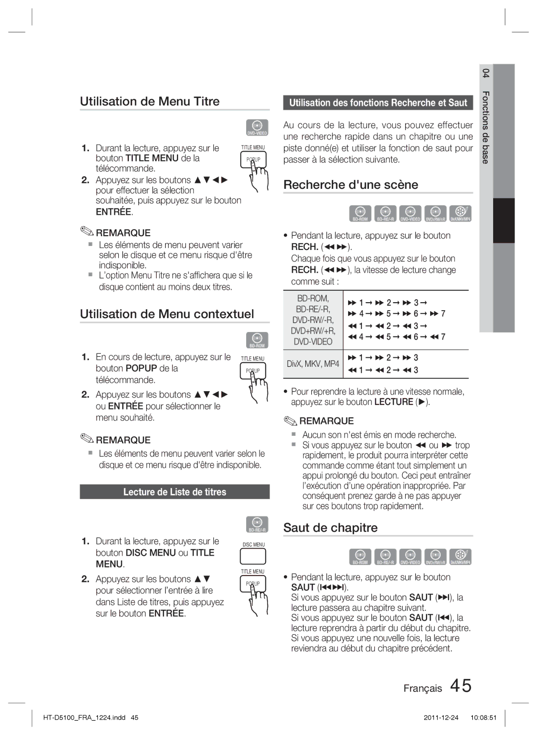 Samsung HT-D5100/EN Utilisation de Menu Titre, Utilisation de Menu contextuel, Recherche dune scène, Saut de chapitre 