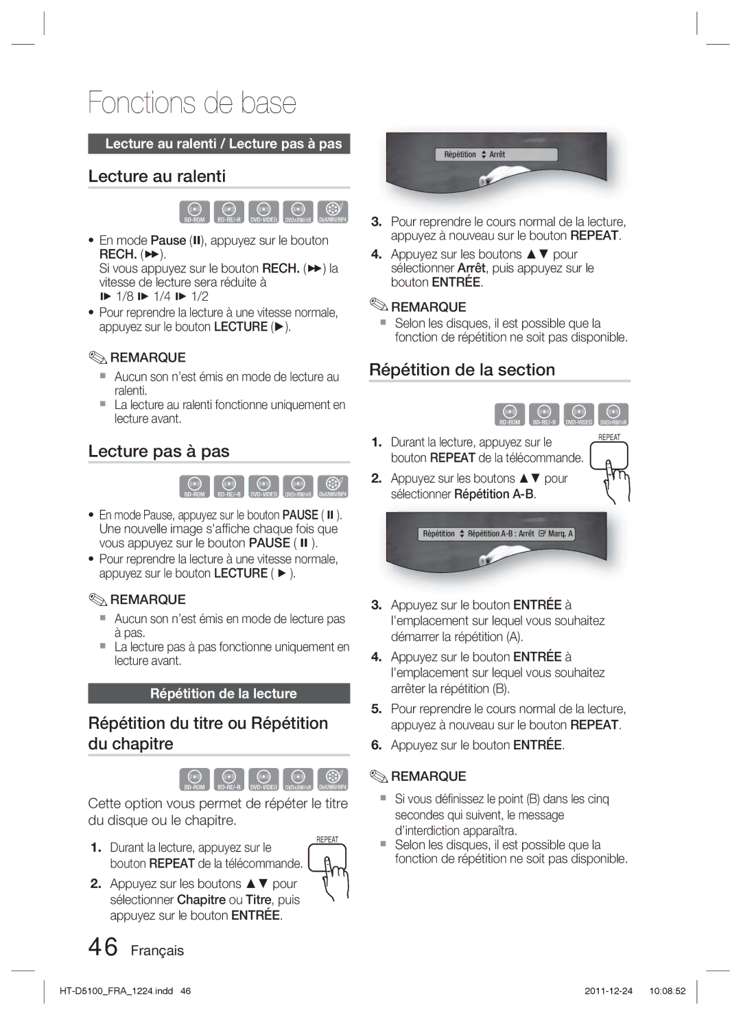 Samsung HT-D5100/XN, HT-D5100/EN manual Lecture au ralenti, Lecture pas à pas, Répétition du titre ou Répétition du chapitre 