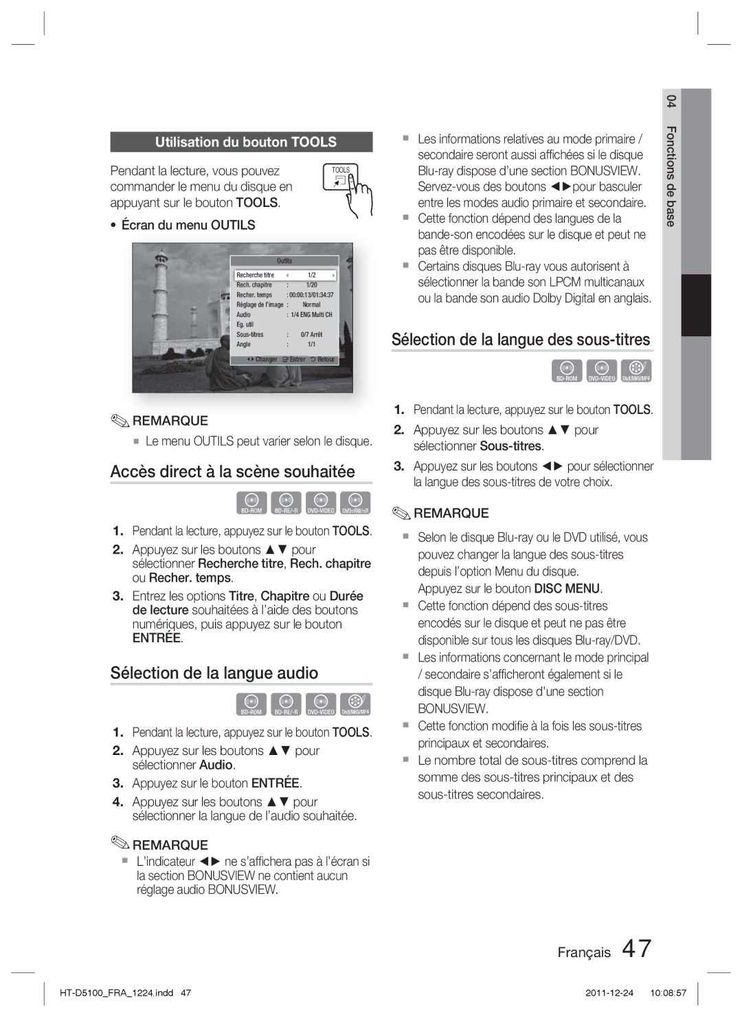 Samsung HT-D5100/ZF manual Accès direct à la scène souhaitée, Sélection de la langue audio, Utilisation du bouton Tools 