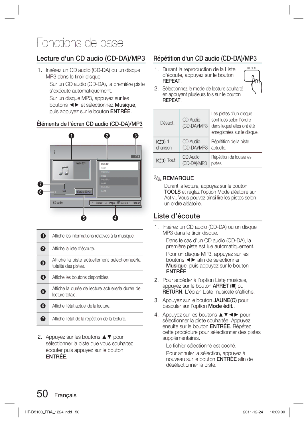 Samsung HT-D5100/XN, HT-D5100/EN Lecture dun CD audio CD-DA/MP3, Répétition dun CD audio CD-DA/MP3, Liste d’écoute, Repeat 