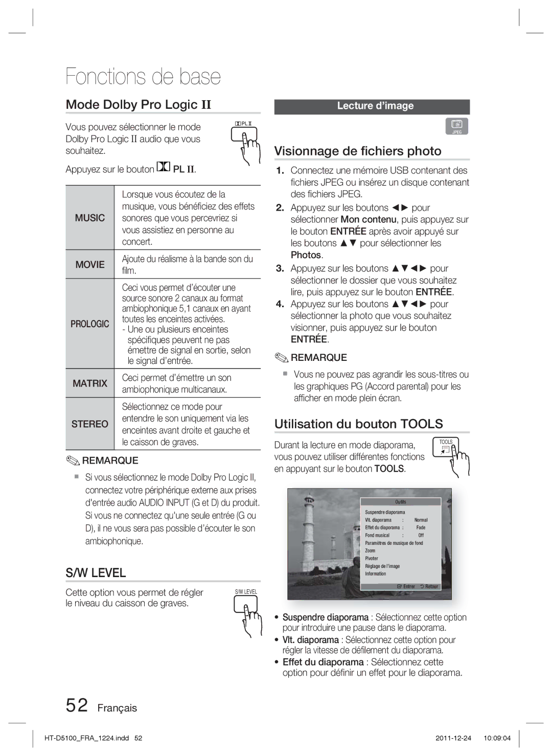 Samsung HT-D5100/XE manual Mode Dolby Pro Logic, Visionnage de ﬁchiers photo, Utilisation du bouton Tools, Lecture d’image 