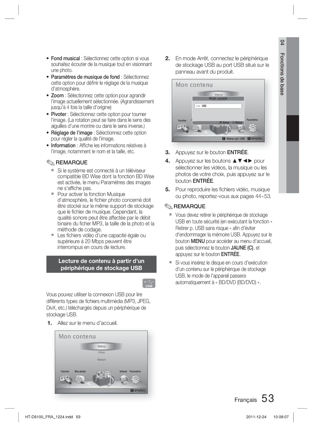 Samsung HT-D5100/EN, HT-D5100/XN Lecture de contenu à partir dun Périphérique de stockage USB, Panneau avant du produit 