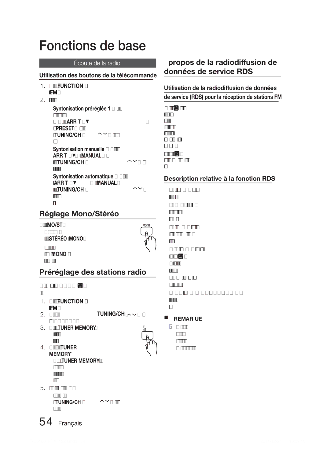 Samsung HT-D5100/XN, HT-D5100/EN, HT-D5100/ZF manual Réglage Mono/Stéréo, Préréglage des stations radio, Écoute de la radio 