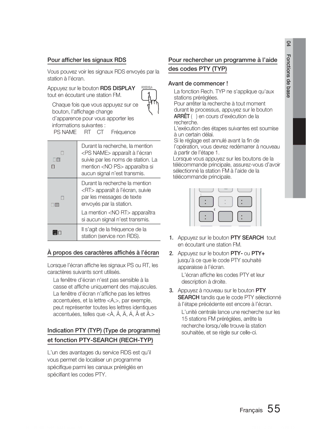 Samsung HT-D5100/ZF, HT-D5100/EN, HT-D5100/XN manual Pour afﬁcher les signaux RDS, Propos des caractères afﬁchés à l’écran 