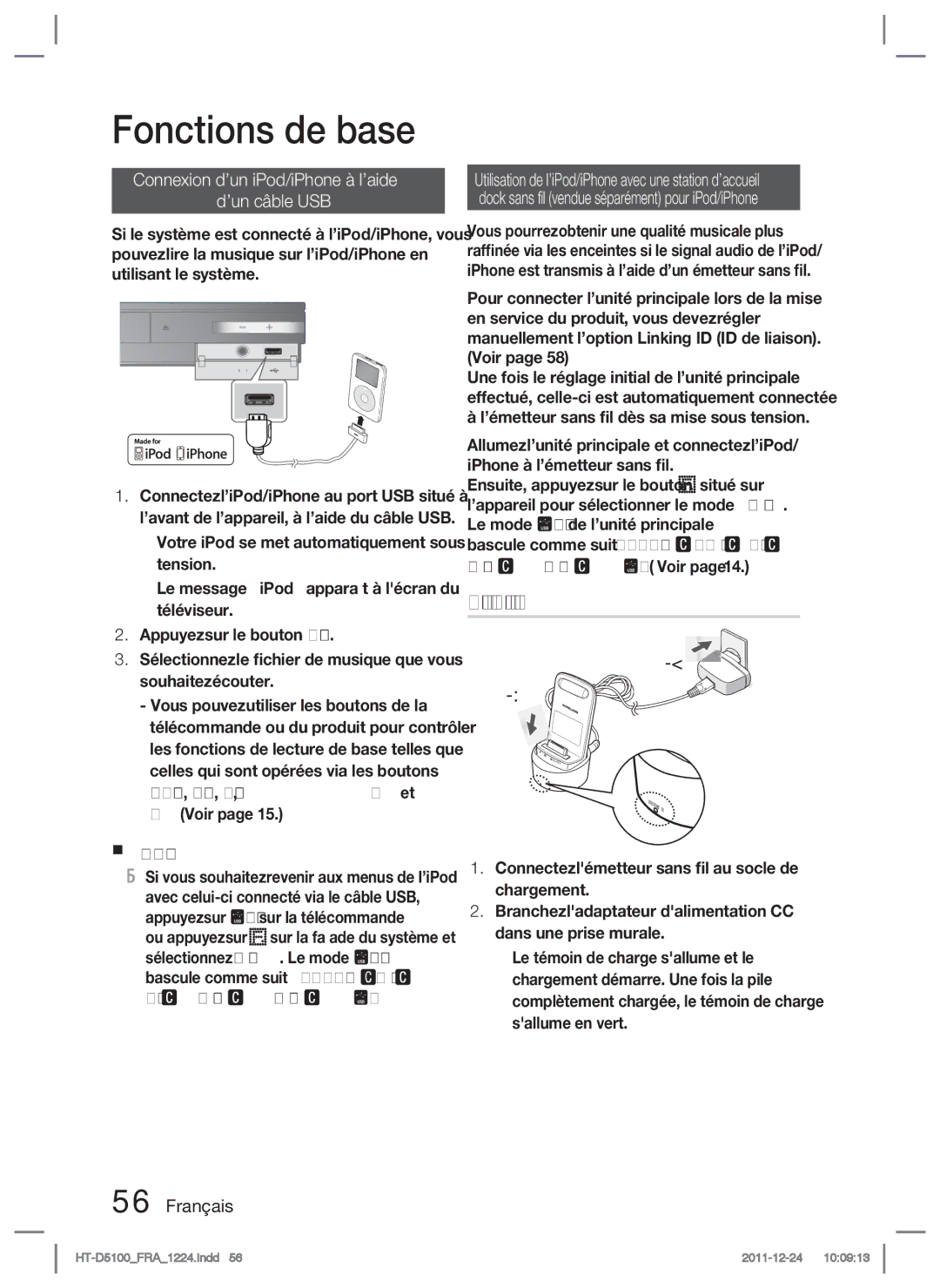 Samsung HT-D5100/XE Chargement de lémetteur sans ﬁl, Connexion d’un iPod/iPhone à l’aide ’un câble USB, Sallume en vert 